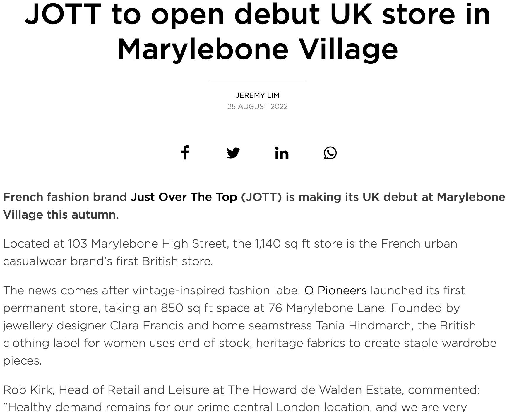 JOTT to open debut UK store in Marylebone Village