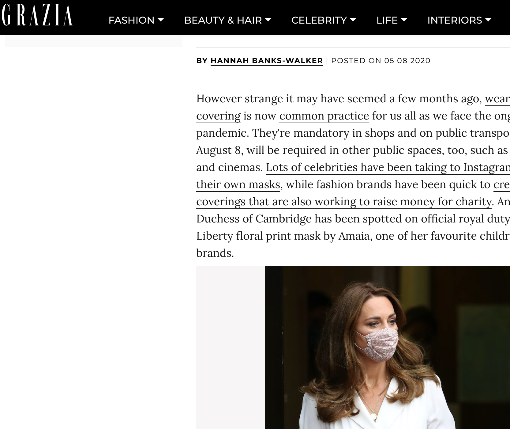 GRAZIA - Kate Middleton Wears A £15 Floral Face Mask