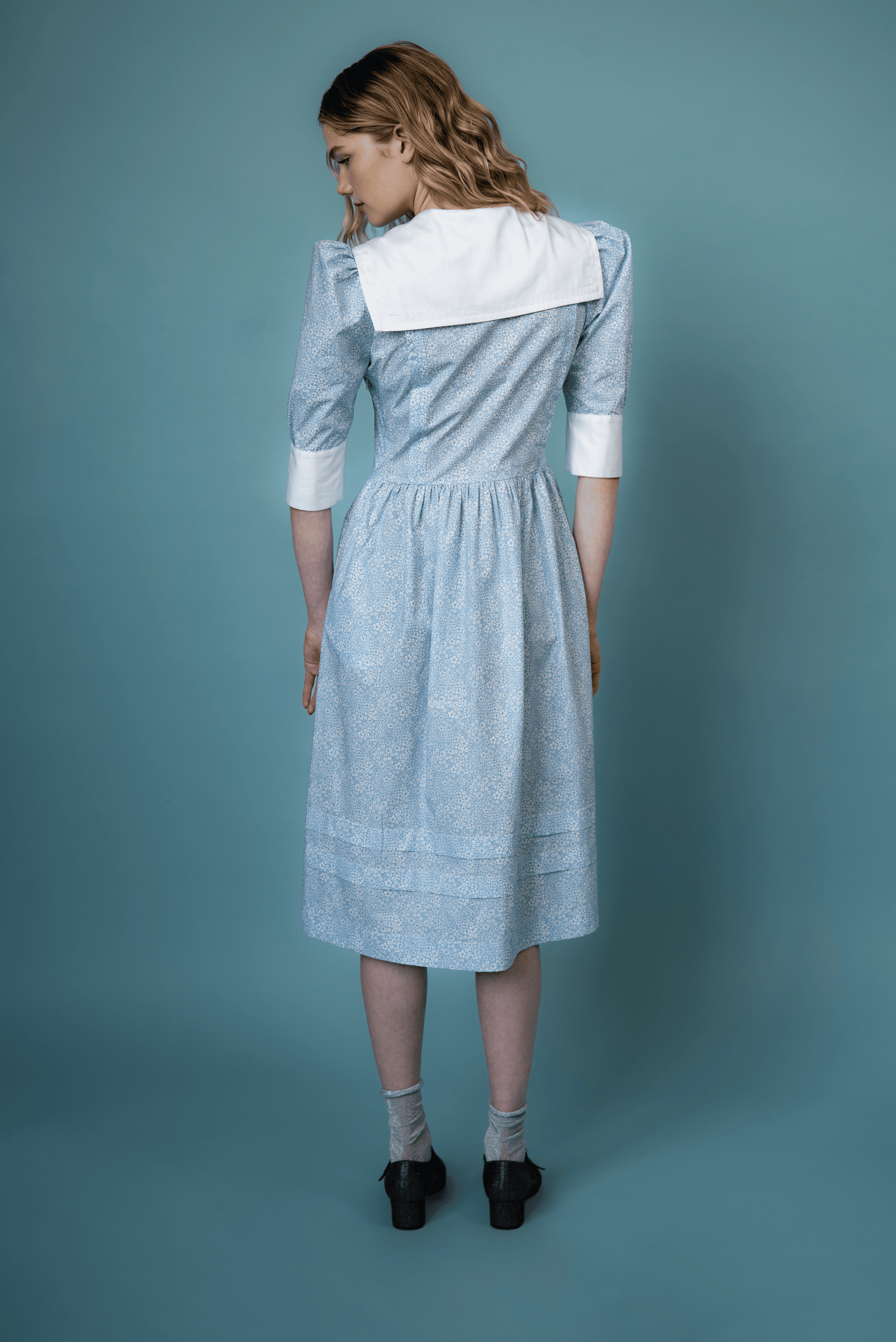 Shop Wendy Dress Light Blue Liberty Print Mid Sleeve - O Pioneers Shop Wendy Dress Light Blue Liberty Print Mid Sleeve - O Pioneers