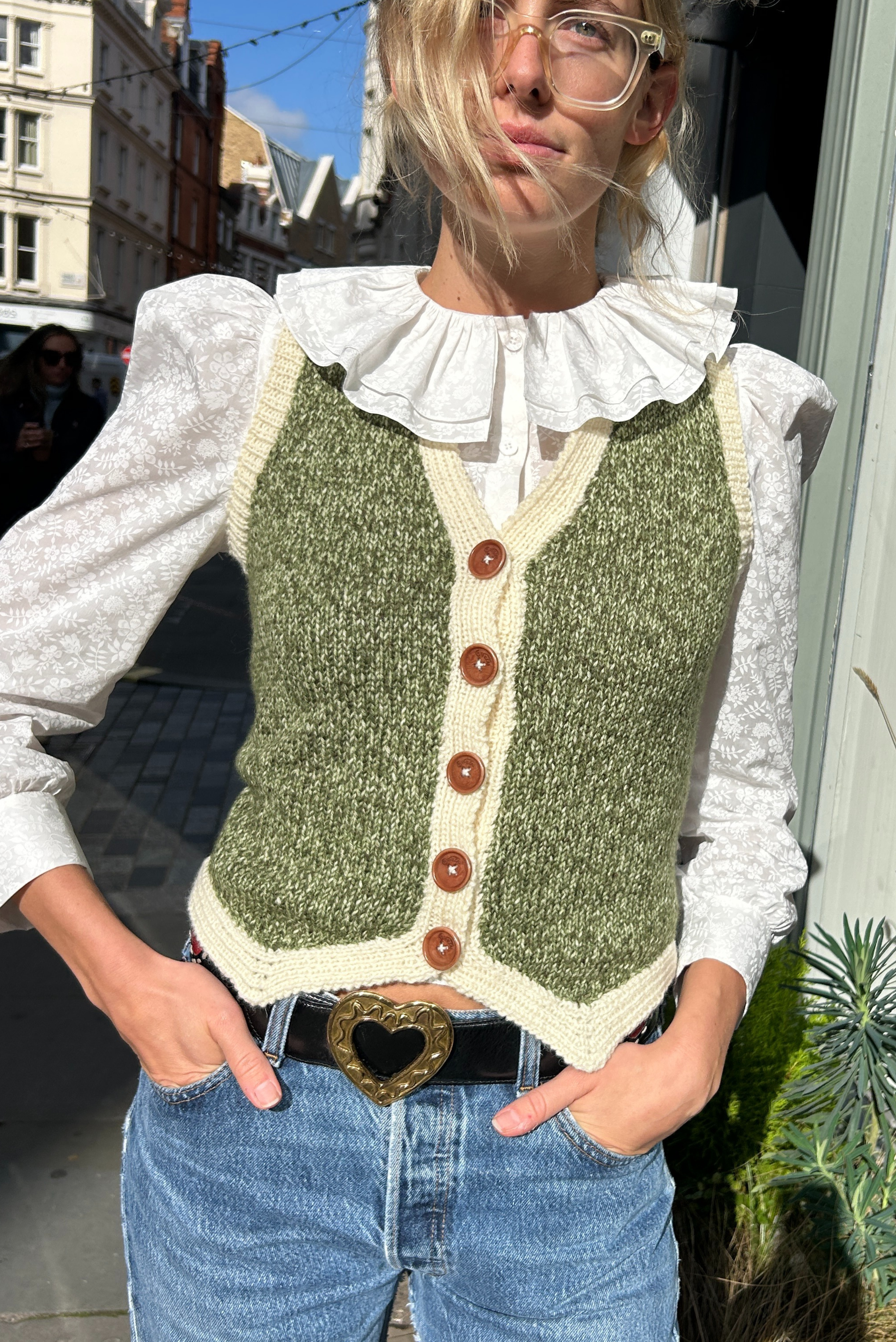 Buy Hand Knitted Annie Waistcoat Green - 100% Shetland Wool - O